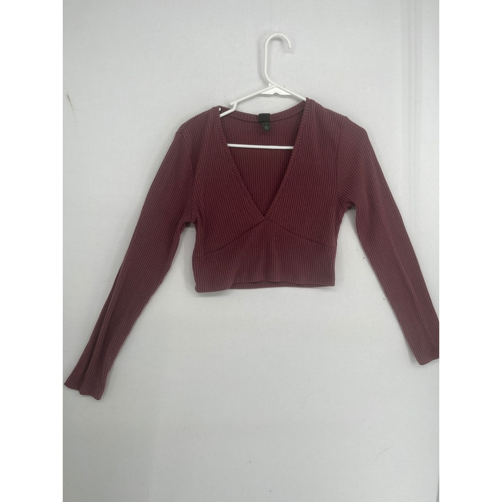 Wild Fable Burgundy Ribbed Long Sleeve V-Neck Crop Top Surplice Wrap Size M